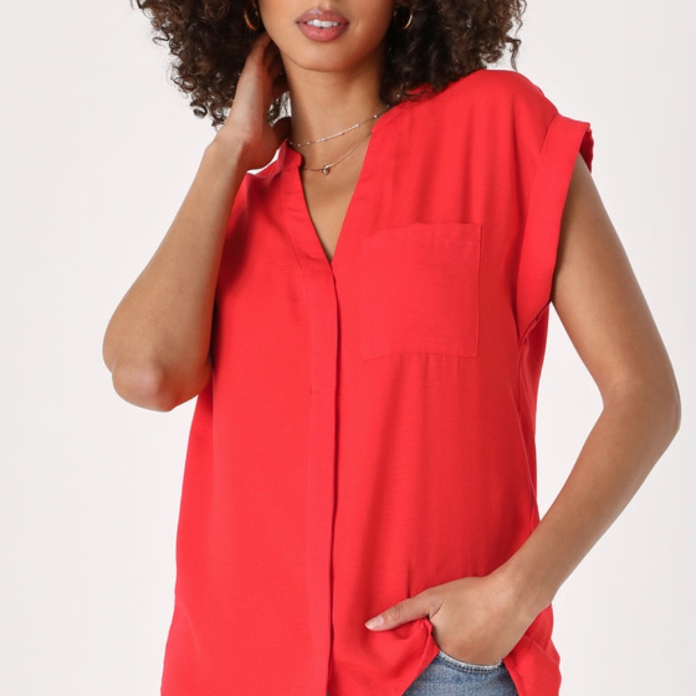 Lulus Easy Mood Red Orange Short Sleeve Button-up Top - Size S